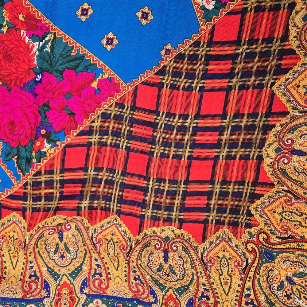 Echo 100% Wool Scarf 34" Square Floral Paisley Plaid Challis Blue Multicolor NWT - Picture 11 of 12